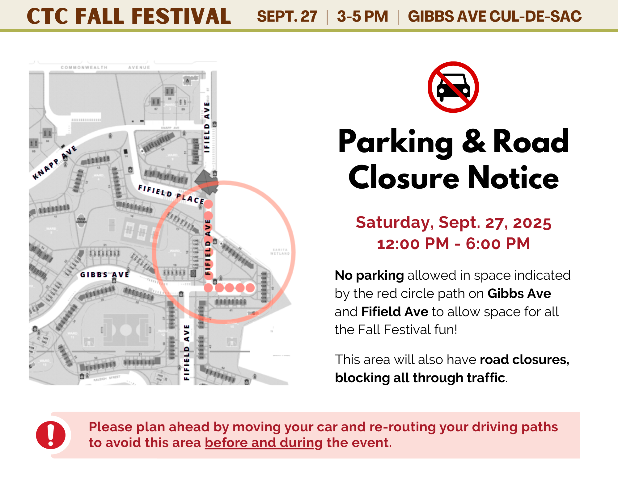 CTC Map Indicating Parking and Road closure on Fifield Ave and Gibbs Ave for Fall Festival Event